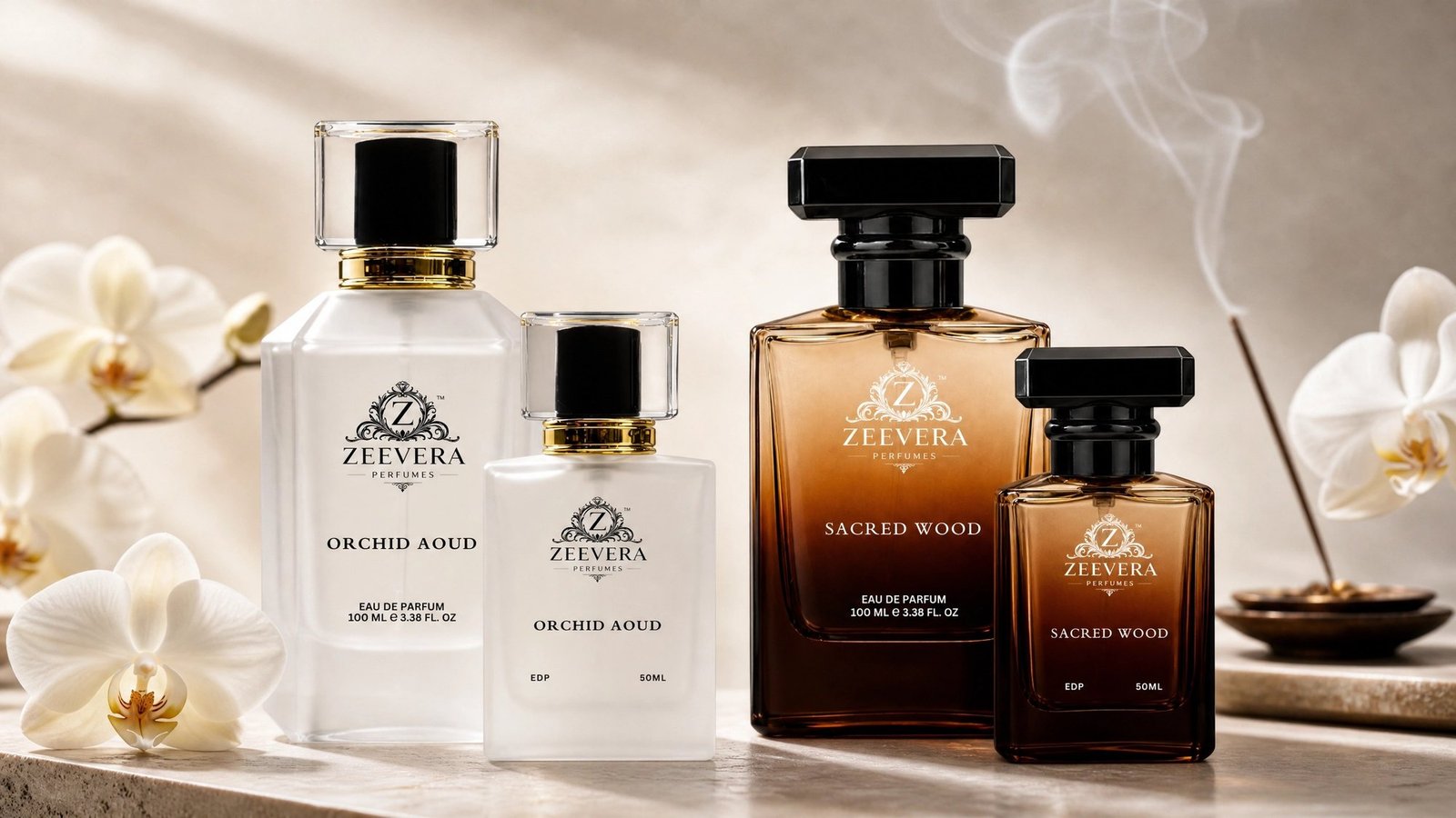 The Zeevera collection — Orchid Aoud and Sacred Wood in 50ML and 100ML